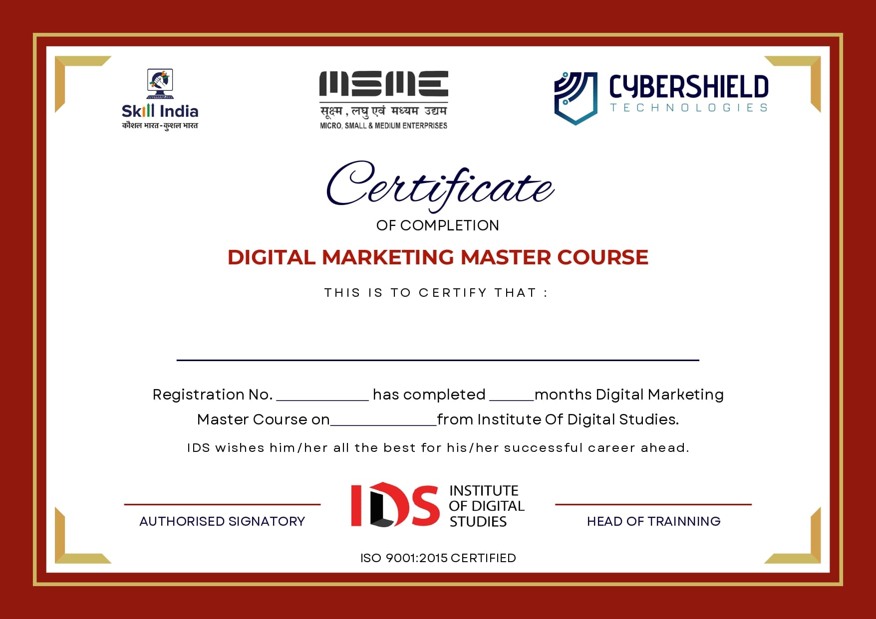 Industry recognized Digital Marketing Master Certification by iDigitalStudies
